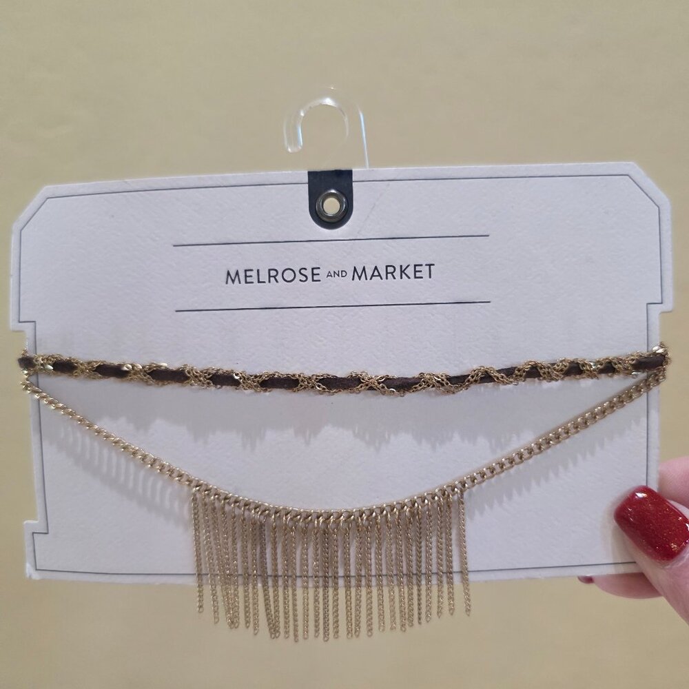 NWT Nordstrom Tribal Boho Festival Gold Chain Leather Choker Fringe Necklace